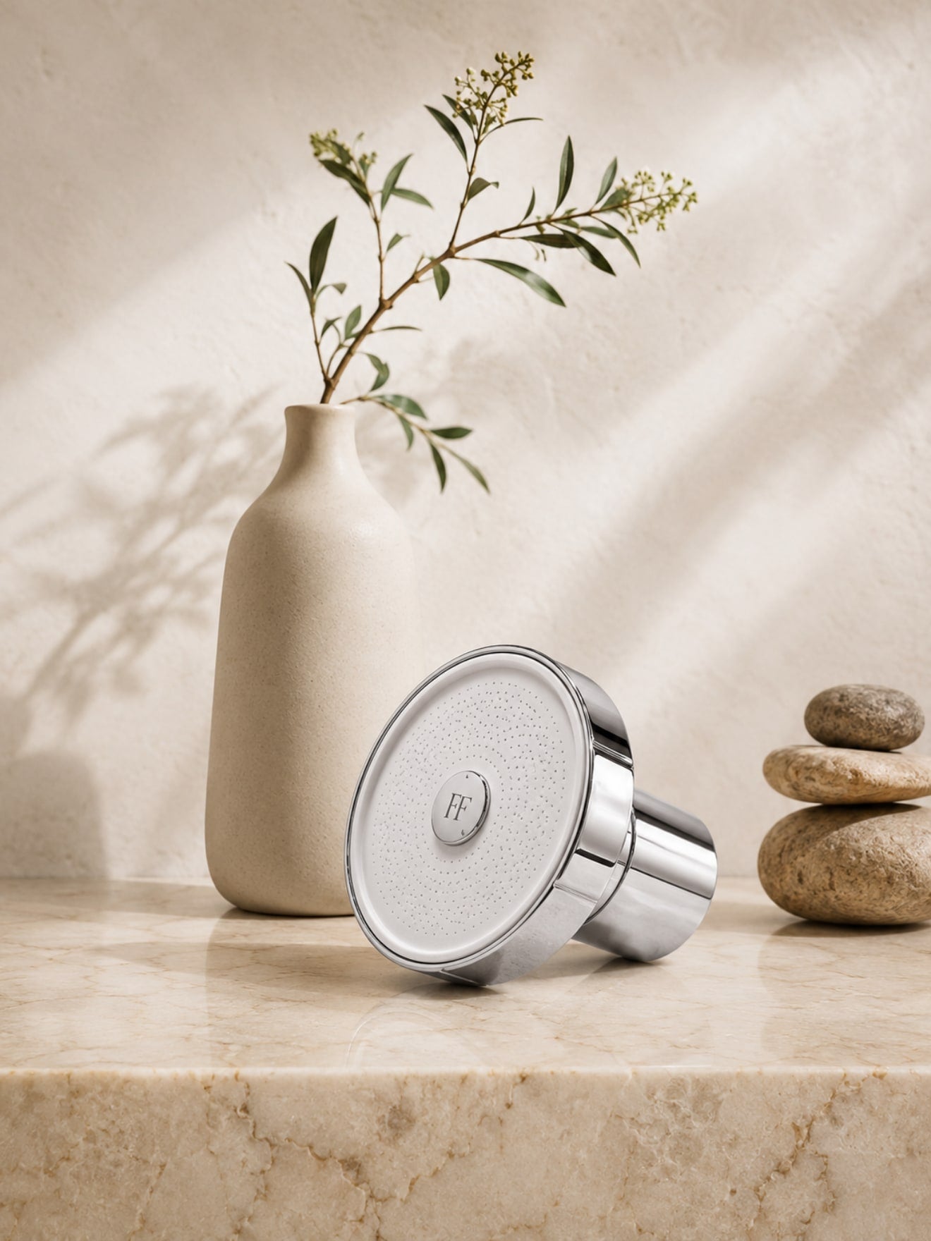 Feel Filters showerhead styled with olive branch and stones